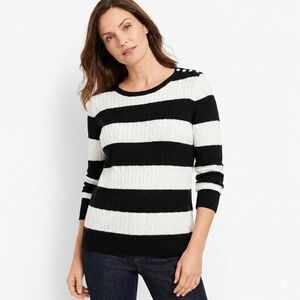 TALBOTS Lambswool Blend Black & White Stripe Cable Knit Sweater Crew Neck Sz XL